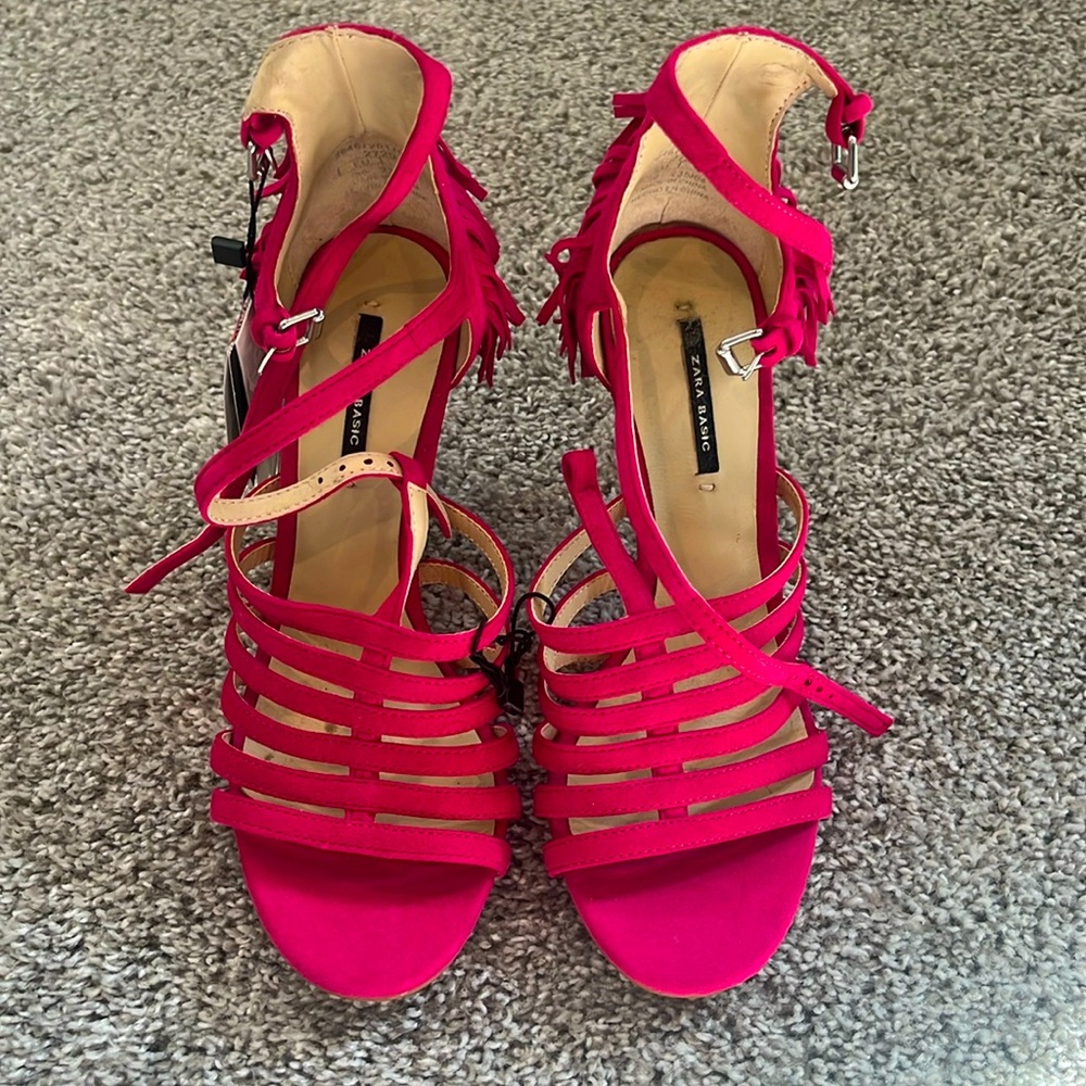 NWT Zara Hot Pink Suede Leather Frill Heels